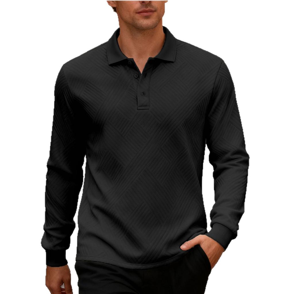 New Men's Solid-Colour Relaxed-Fit Casual Polo Shirt Long-Sleeved Button-Down Collar Jacquard Textured Sweatshirt