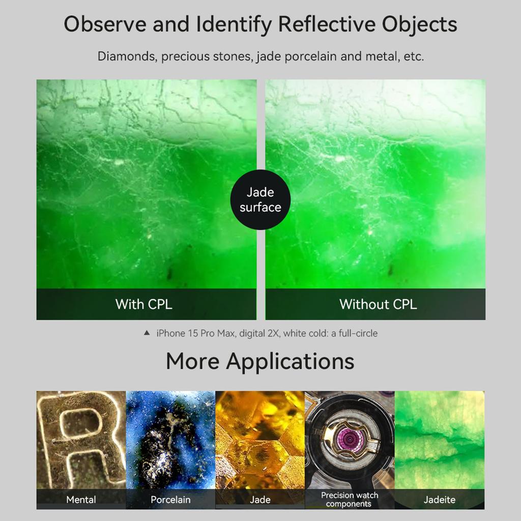 APEXEL APL-MS100 100X Mikroskoplinse for mobiltelefon med LED/UV-lys Innebygd CPL-filter Batteri