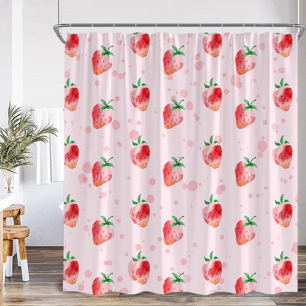 Erdbeer-Mädchen Rosa Duschvorhang Badezimmer Deko Frucht Sommer Kinder Schleifenmuster Schick Modern Frau Polyester Badewannenvorhang