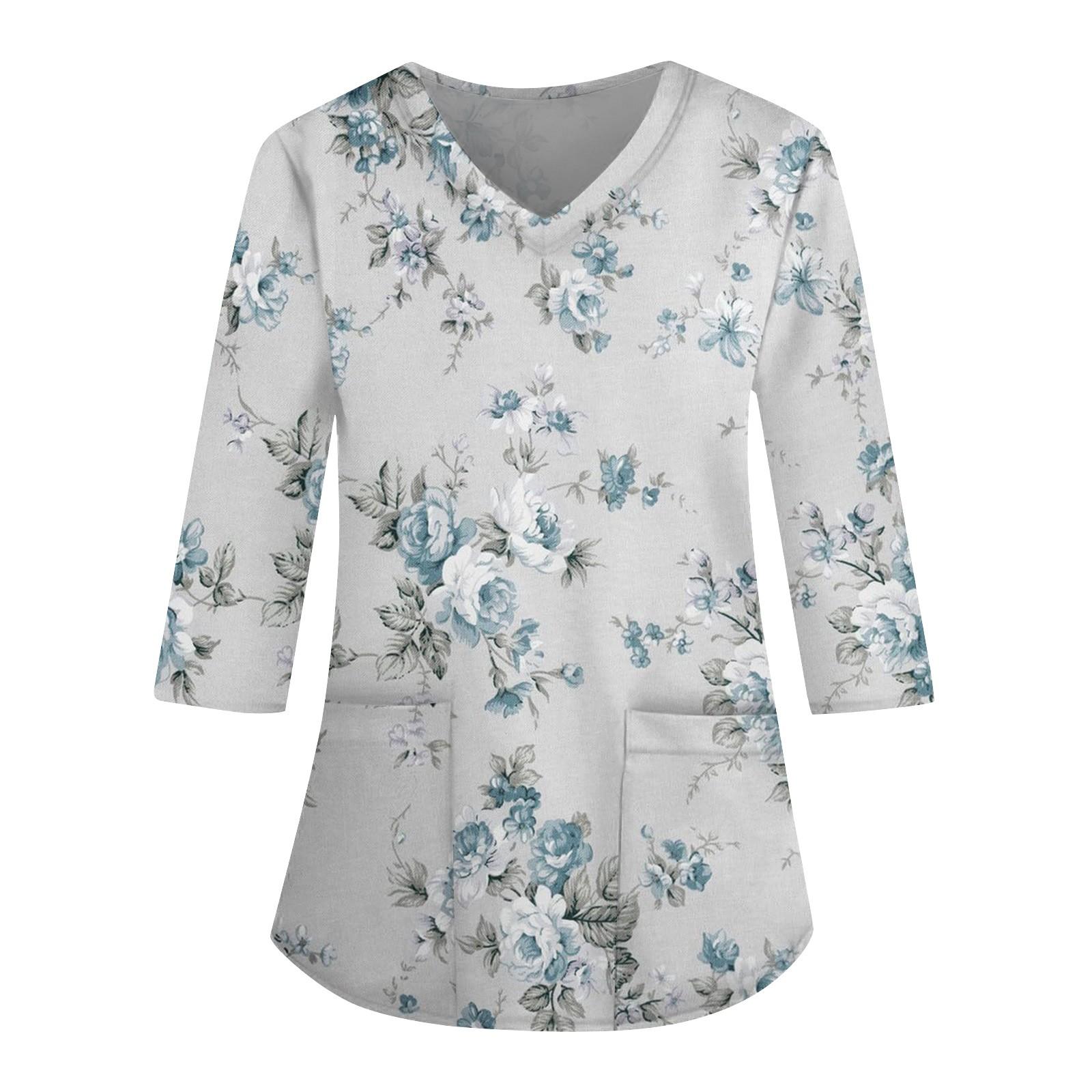 

Женский свободный топ с V-образным вырезом и карманами и рукавами три четверти с принтом L