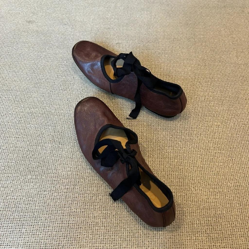 Schafsleder-Version~ Retro runde Spitze kontrastfarbene flache Ballerinas zum Schnüren französische leichte Mund Einzel-Schuhe vielseitige Mary Jane Schuhe