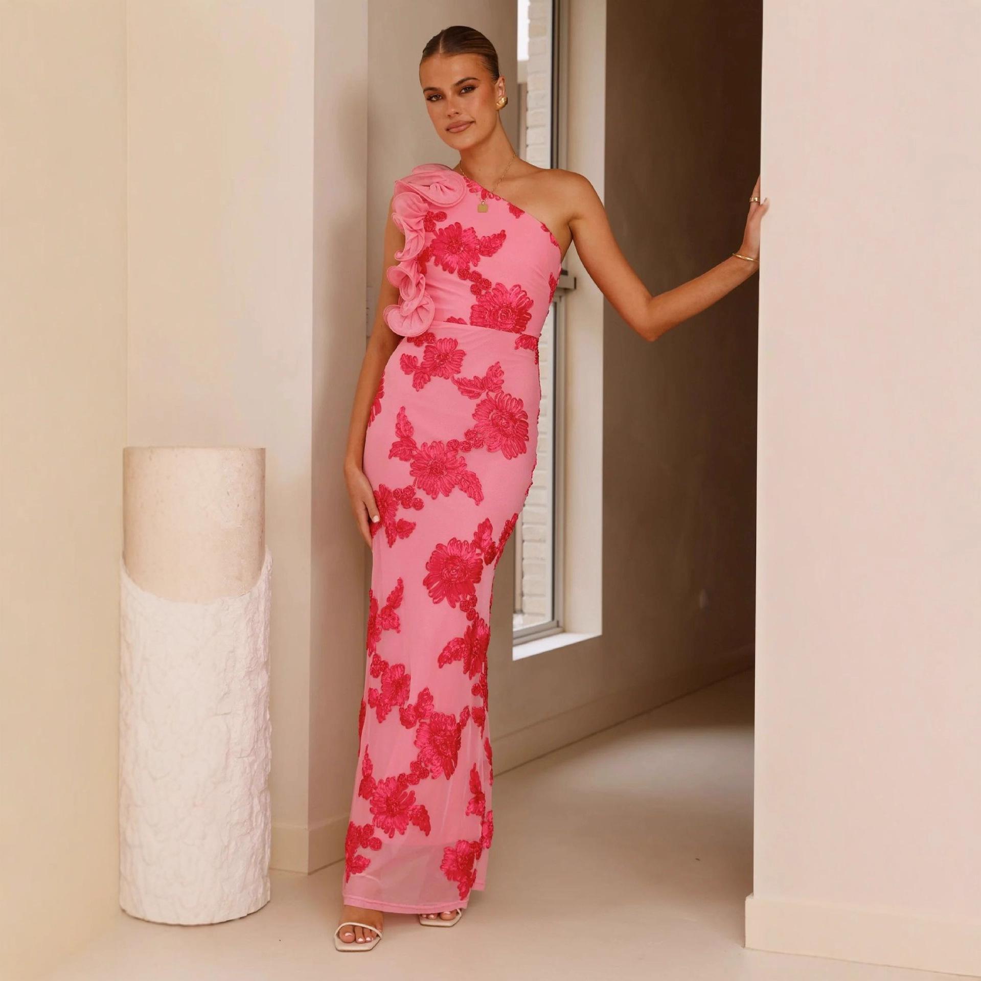 Европейское и американское цветочное платье-слинг с косым вырезом - Поступление Лето 2026 Large розовый