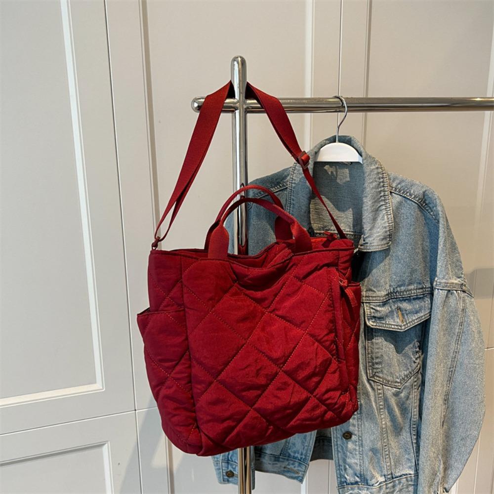 

Korean Style Plaid Shoulder Bag Large Capacity Down Bag Fashionable Nylon Handbag Woman Girls чорний