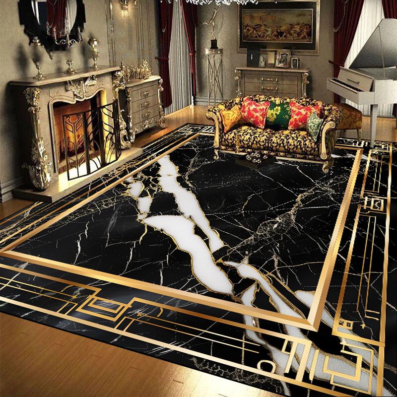 European Luxury Large Area Carpets Living Room Black Gold Marble Style Decoration Sofa Area Rugs for Bedroom Floor Mat Anti-slip
