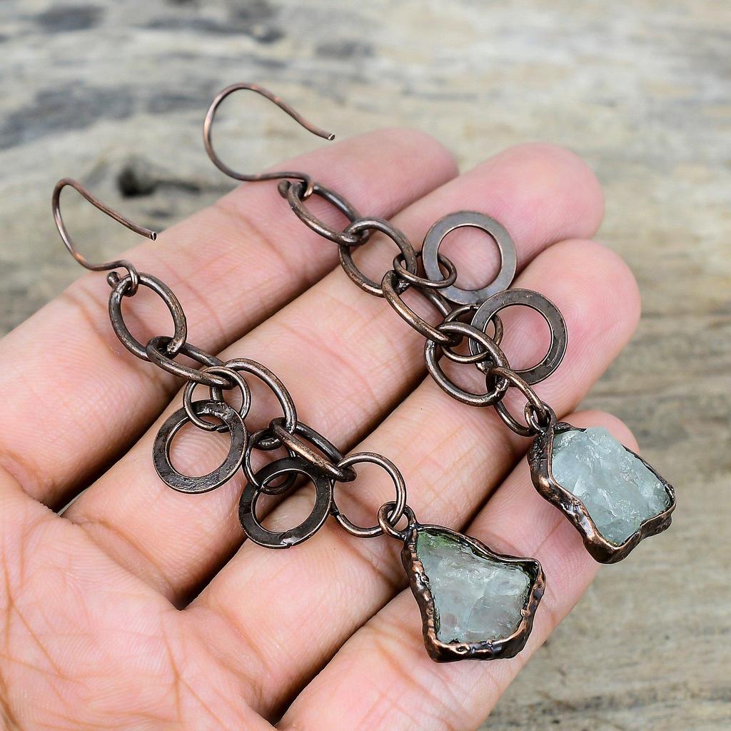 Aquamarine Rough Earring Electroformed Copper Earrings Gemstone Handmade Jewelry Designer Earring Electroformed Copper Jewelry Wedding Gifts