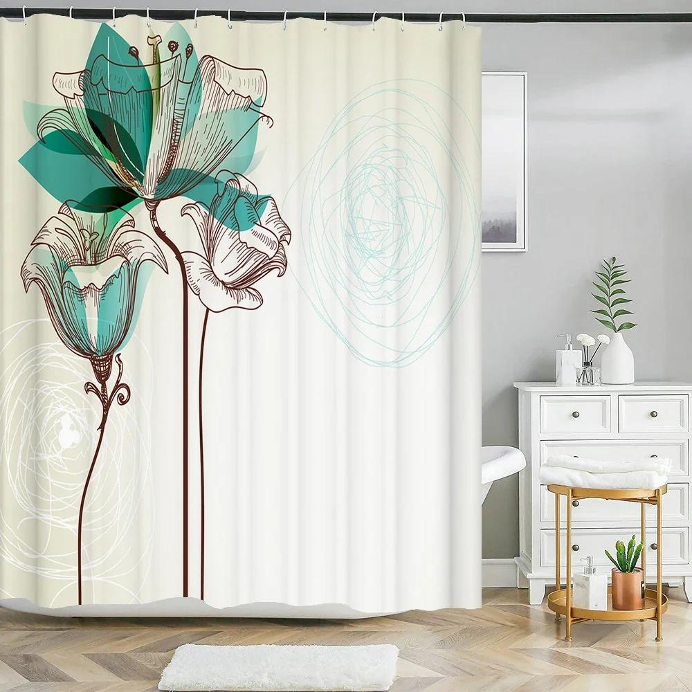 Flower Shower Curtain Bathroom Waterproof Polyester Shower Curtain Floral Printing Curtains for Bathroom Shower with Hooks