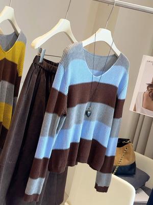 Women's V-Neck Color Block Striped Knit Pullover Sweater - 2025 Autumn Fashion