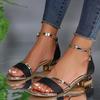 Summer one-word buckle with flat bottom low-heeled women's new rhinestone open-toed thick-heeled sandals are fashionable and versatile
