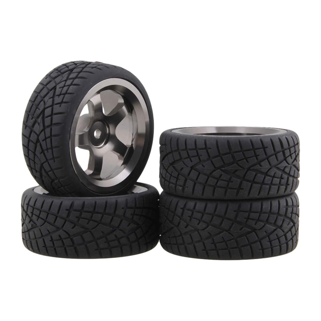 Mxfans 4pcs Black Fish Pattern Rubber Tires Aluminum Alloy Silver Grey 5 Spoke Wheel Rims for RC Car & 110 On-Road