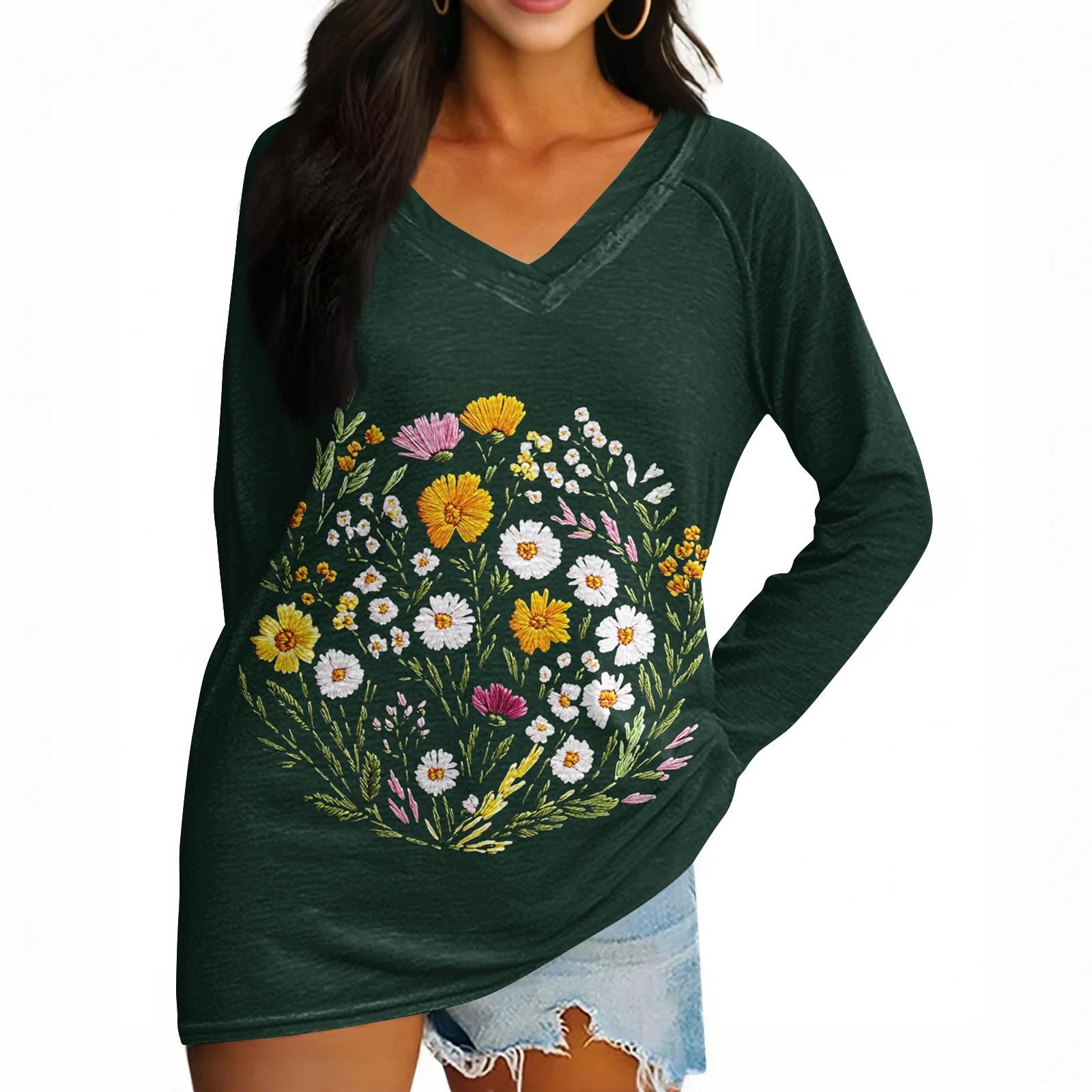 

Женская футболка с длинным рукавом и V-образным вырезом с пасхальным принтом Повседневный комфортный топ M