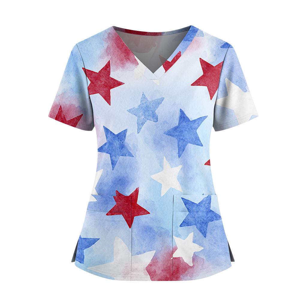 Women's Independence Day Print V-Neck Double Pocket Short Sleeve Uniform with Slit Hem - Caregiver Top