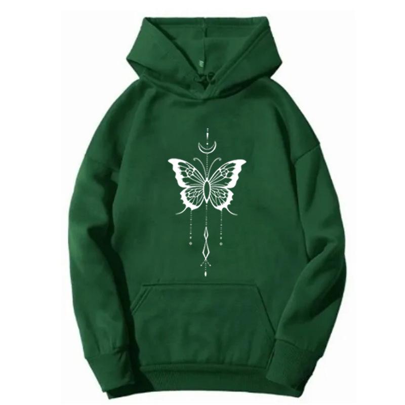 Ladies Spring Autumn Casual Sports Hooded Long Sleeve Big Pocket Butterfly Printed Pullover Hoodies Sweatshirt Top