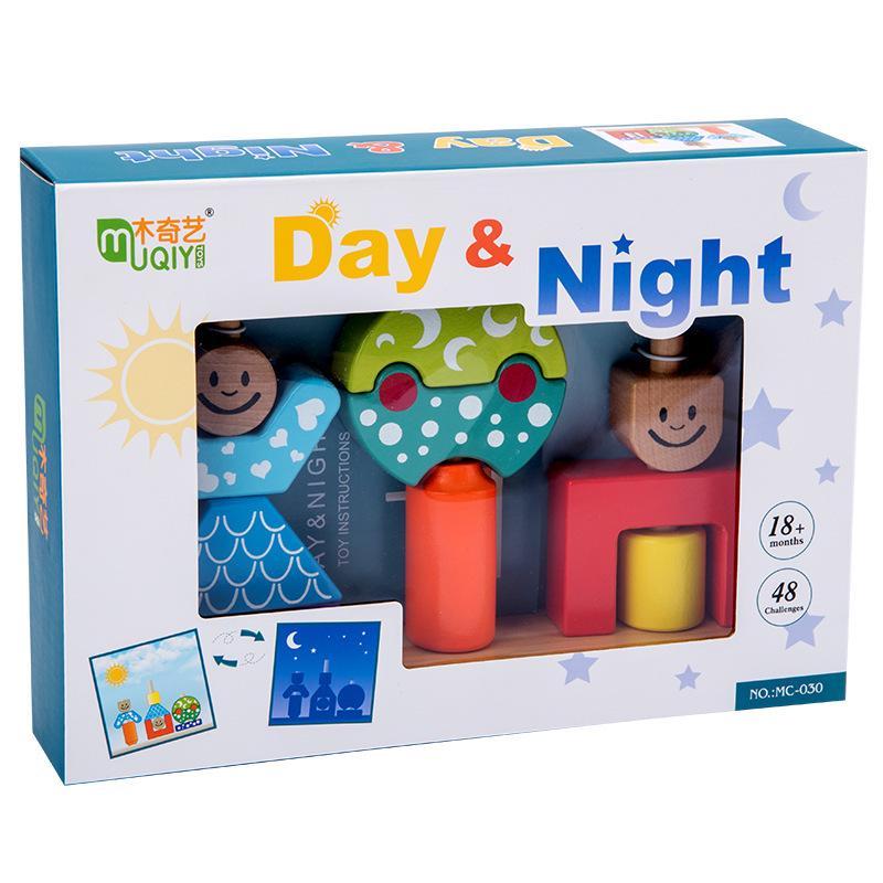 Montessori Day & Night Pillar Blocks Creative Early Educational Wooden Toys Parent-child Interaction Games Shape Building Block
