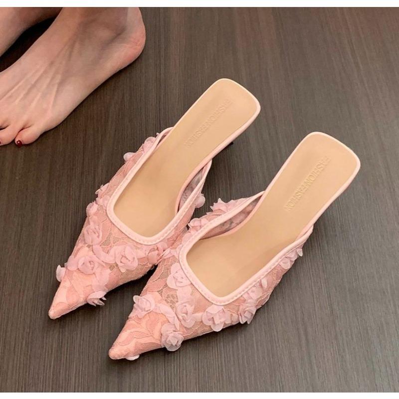 Ladies Flower Mesh Open Heel Sandals Shoes Sexy Designer High Heel Pointed Toe Stiletto Pumps Mules  Women Sandals