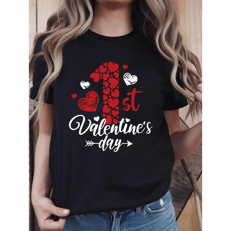 Plus Size, 1st Valentine s Day Graphic Print Plus Size Women s T-shirt, Short Sleeve Crew Neck Casual Top for Summer & Spring, Women s Clothing S чёрный