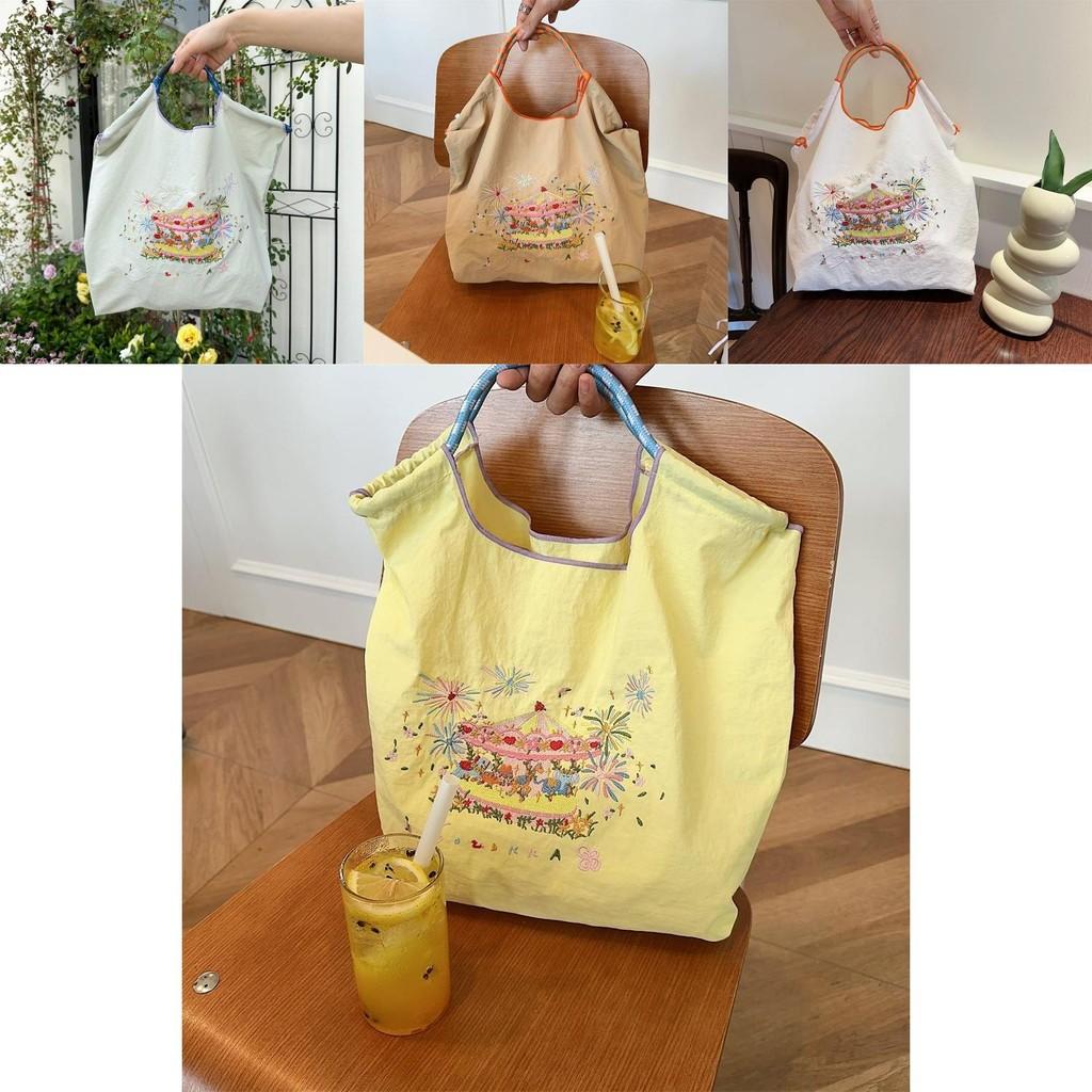 Exquisite Embroidered Oxford Tote Bag Stylish Cartoon Shopping Handbag For Daily Use