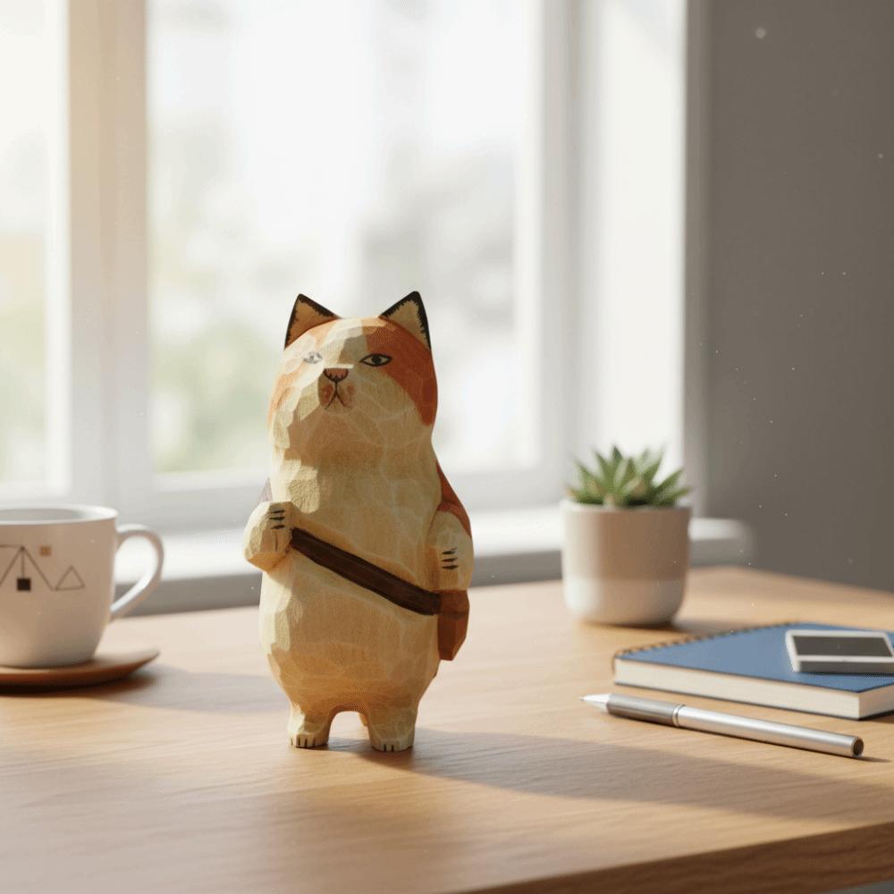 Handmade Wood Carving Cat Ornament Cartoon Hand Engraving Cat Decorations  Bookshelf Decor