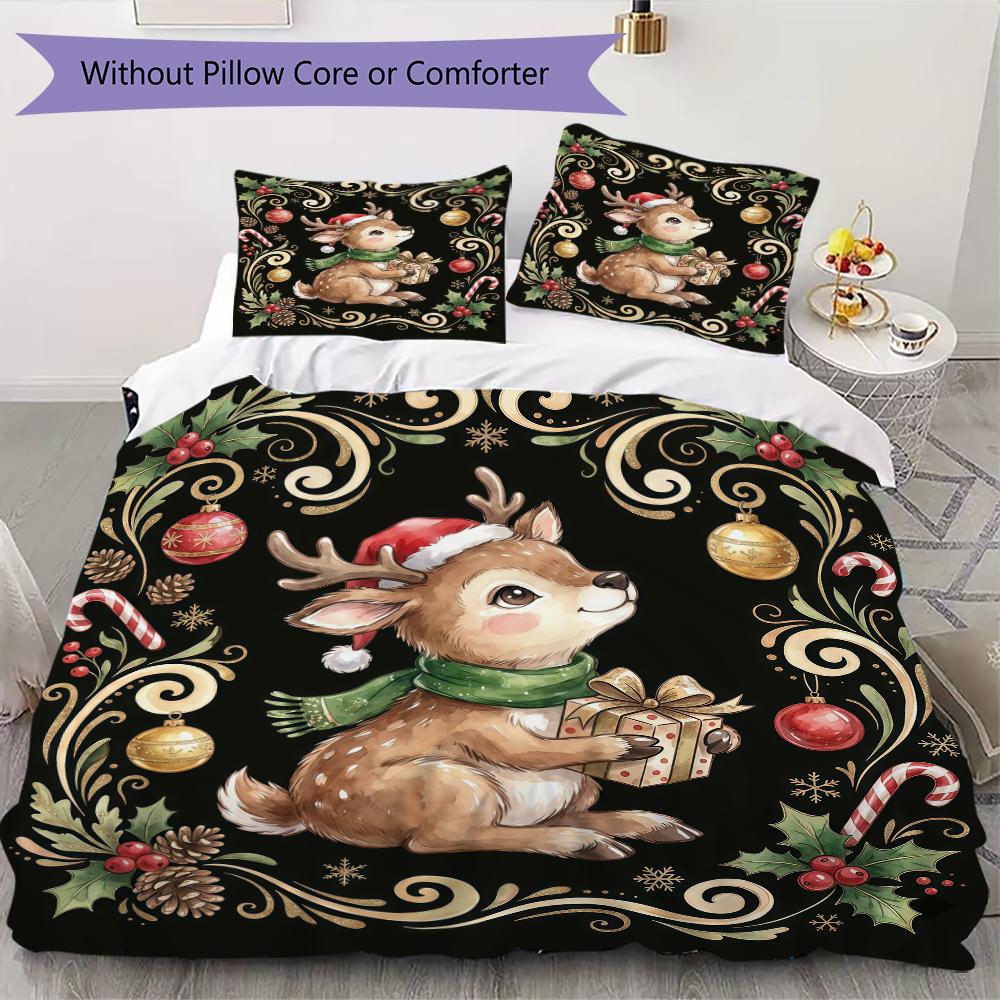 Deer Festive Scene Pattern Bedding Uilt Set Uilt Cover Pillowcase Home Decoration Birthday Gift (1 * Duvet Cover + 2 * Pillowcase Without core)_XIA