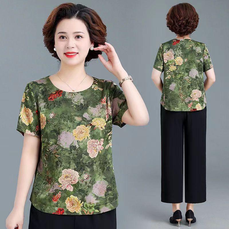 Mom's summer dress short-sleeved ice silk T-shirt foreign style and thin two-piece set middle-aged women's summer chiffon casual suit