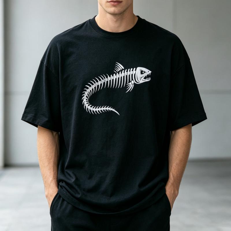 Funny Bone Fish Skeleton Graphic T Shirt Unisex Cotton Short Sleeve Tee Vintage FisherUnisex Streetwear Casual Summer Gift