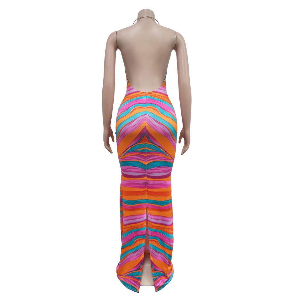 Women's Fashion Sleeveless V-Neck Backless Printed Maxi Dress