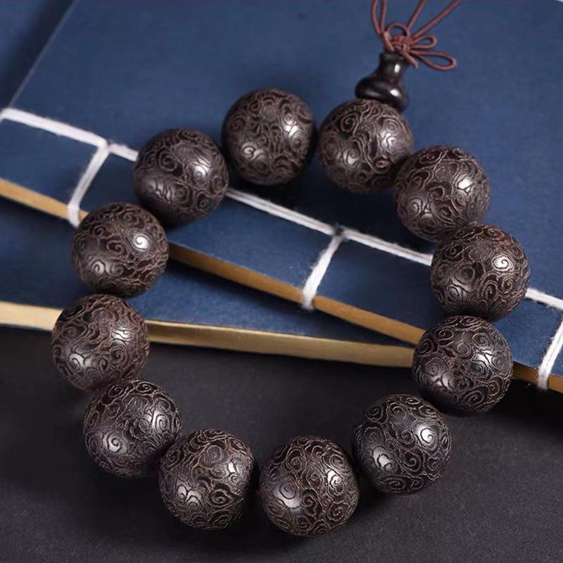 Ebony Purple Sandalwood Laser Engraved Buddhist Beads with Auspicious Clouds and Namo Amitabha Buddha Design Bracelet
