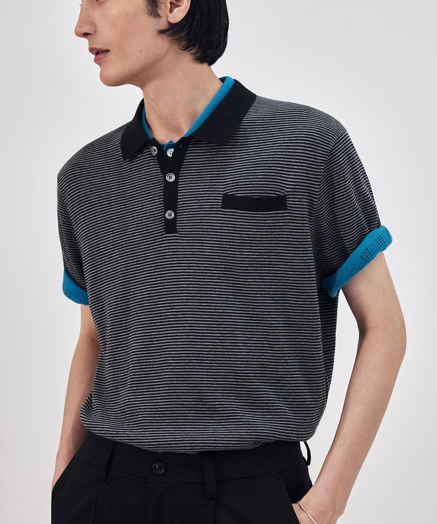 THEKNITCOMPANY Orea Striped Polo Shirt - Onyx Black