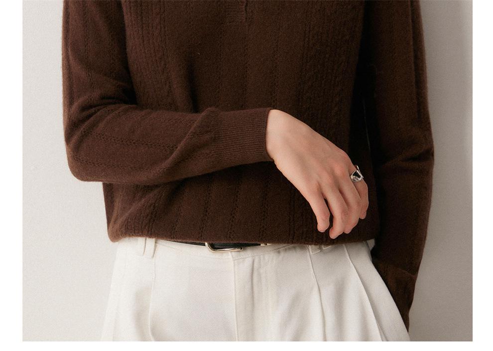 Women's Cashmere Color Block Polo Collar Hand-Crocheted Pullover Sweater for Autumn & Winter