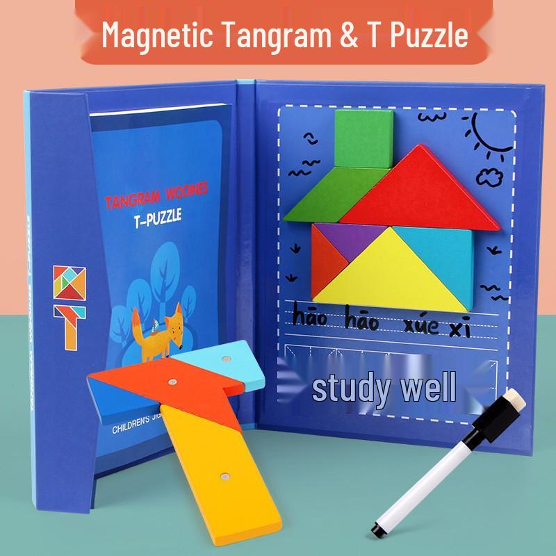 Grenzüberschreitendes magnetisches Holz-Tangram-Puzzle für Kinder - Lern-Puzzle für Erstklässler