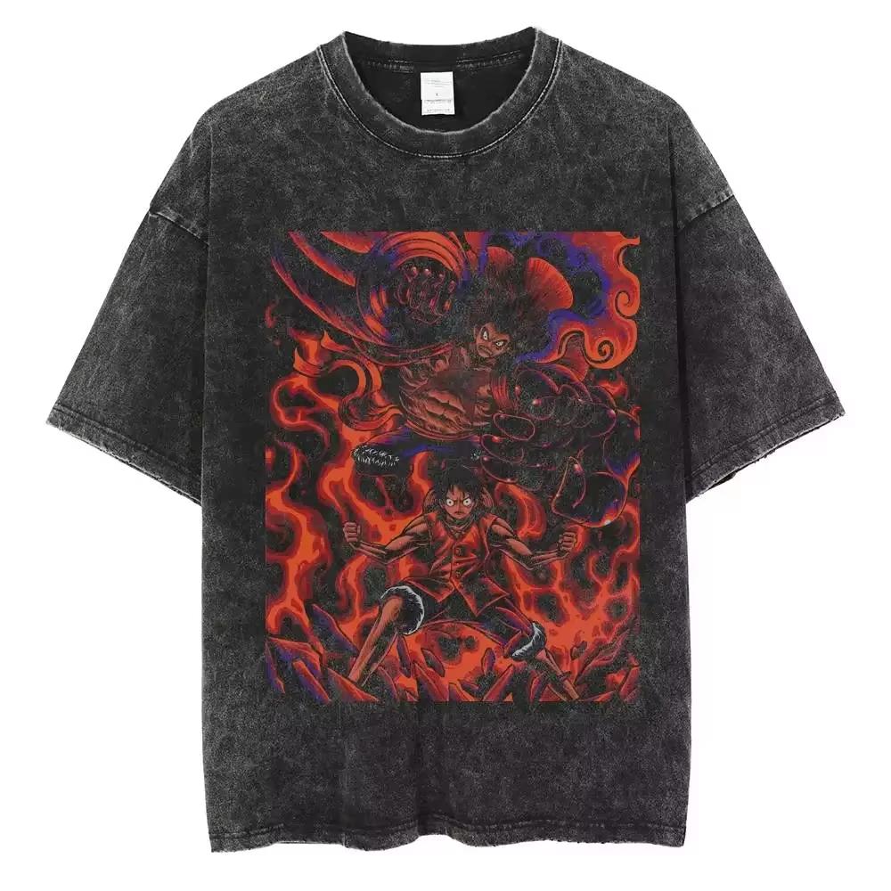 Nika Luffy Gear  ONE PIECE Anime Harajuku Retro Washed Tshirt  Cotton Men Streetwear Women Short Sleeves Unisex Top