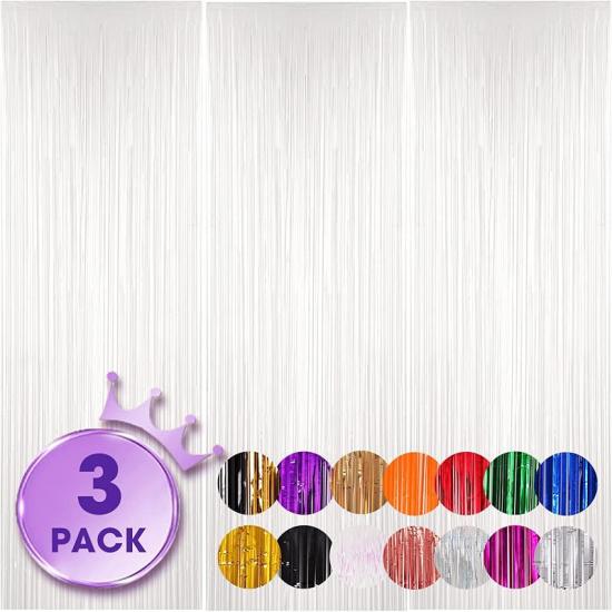 3 Pack 3.3x8.2 Feet Gold Foil Fringe Backdrop Curtains, Tinsel Streamers, Fringe Backdrop for 2025 New Years Eve, Graduation, Birthday, Baby Shower,