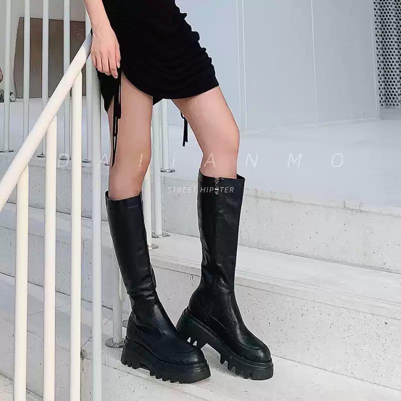 Elastic Platform Chunky Heel Over-the-Knee Women's Dark Slimming Leather Boots - Trendy and Cool Long Boots