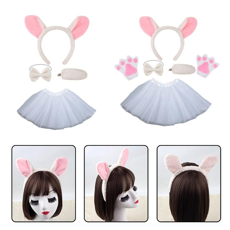 Sheep Costume Set Sheep Ears Headband Plush Tail Bowtie Sheep Hair Hoop Set Mesh Skirt for Halloween Costume Cosplay