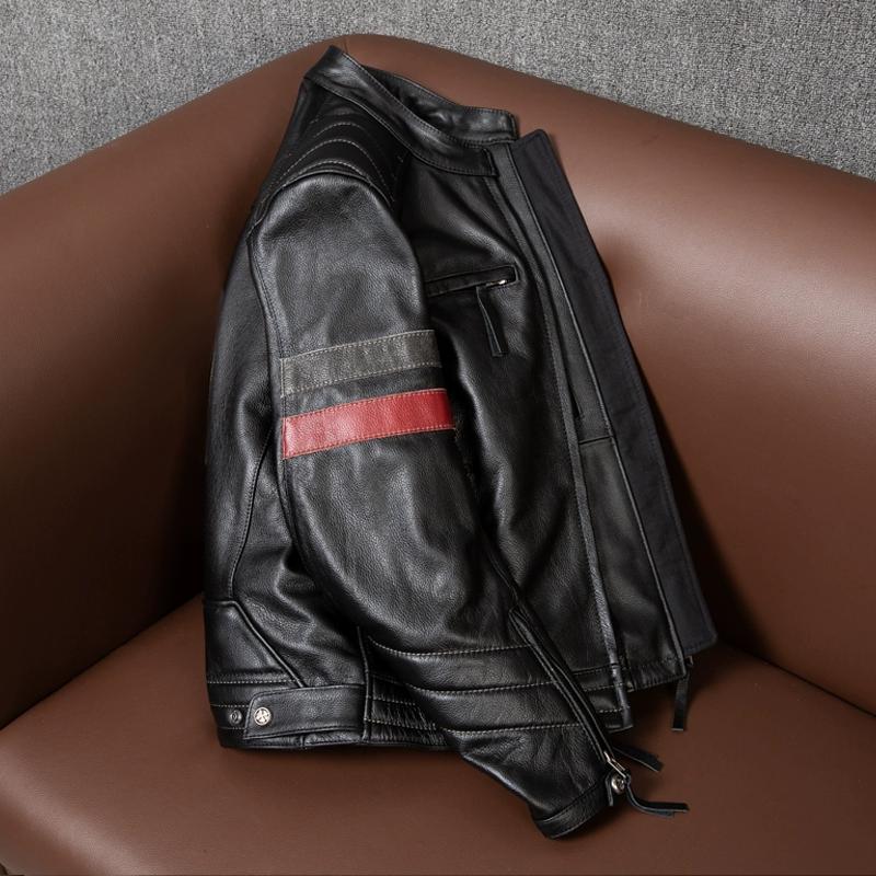 Men Genuine Leather Motorcycle Jacket with Removable Armor Stand Collar Biker Coat for Spring Autumn Riding