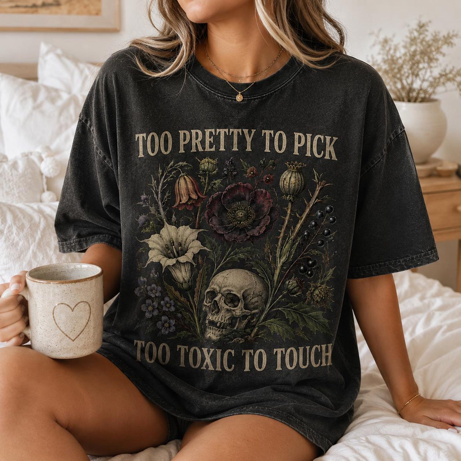 Gothic Floral Skull T-Shirt, Dark Botanical Quote Tee M