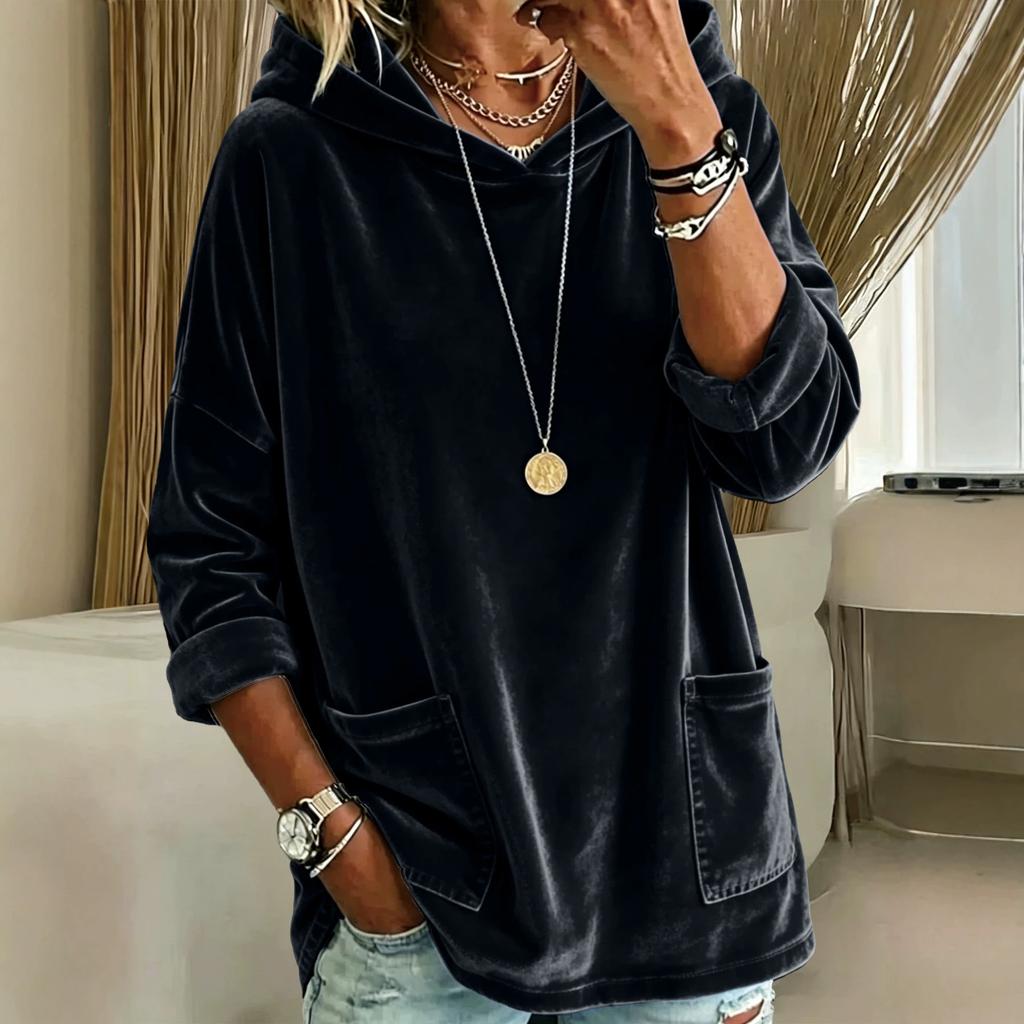 Women'S Solid Color Velvet Hoodie Oversize Long Sleeve Sweatshirt With Pockets Casual Loungewear Cozy Pullover Top