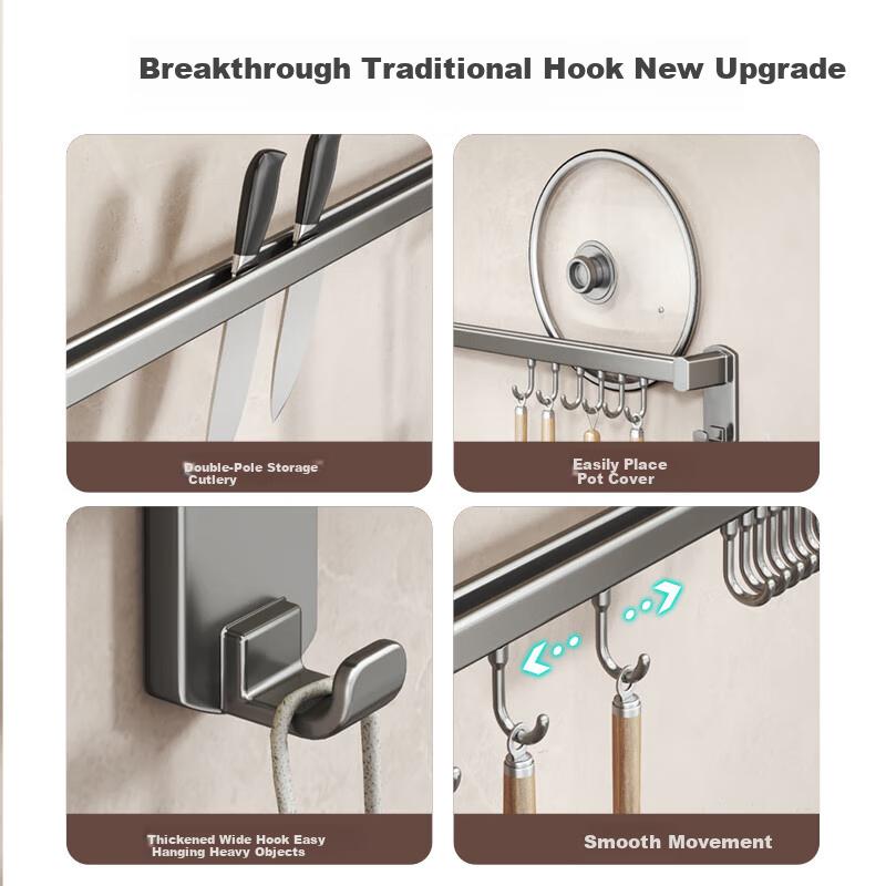 YWEEL No-Drill Kitchen Hooks, Hanging Rods for Spatulas And Utensils, Wall-Mounted Storage Rack, Multifunctional Kitchen Organizer