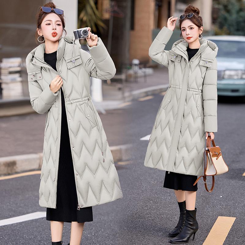 Thickened cotton-padded clothes for women's long winter over the knee, waist and thin cotton clothes for women's new fashion temperament cotton-padd