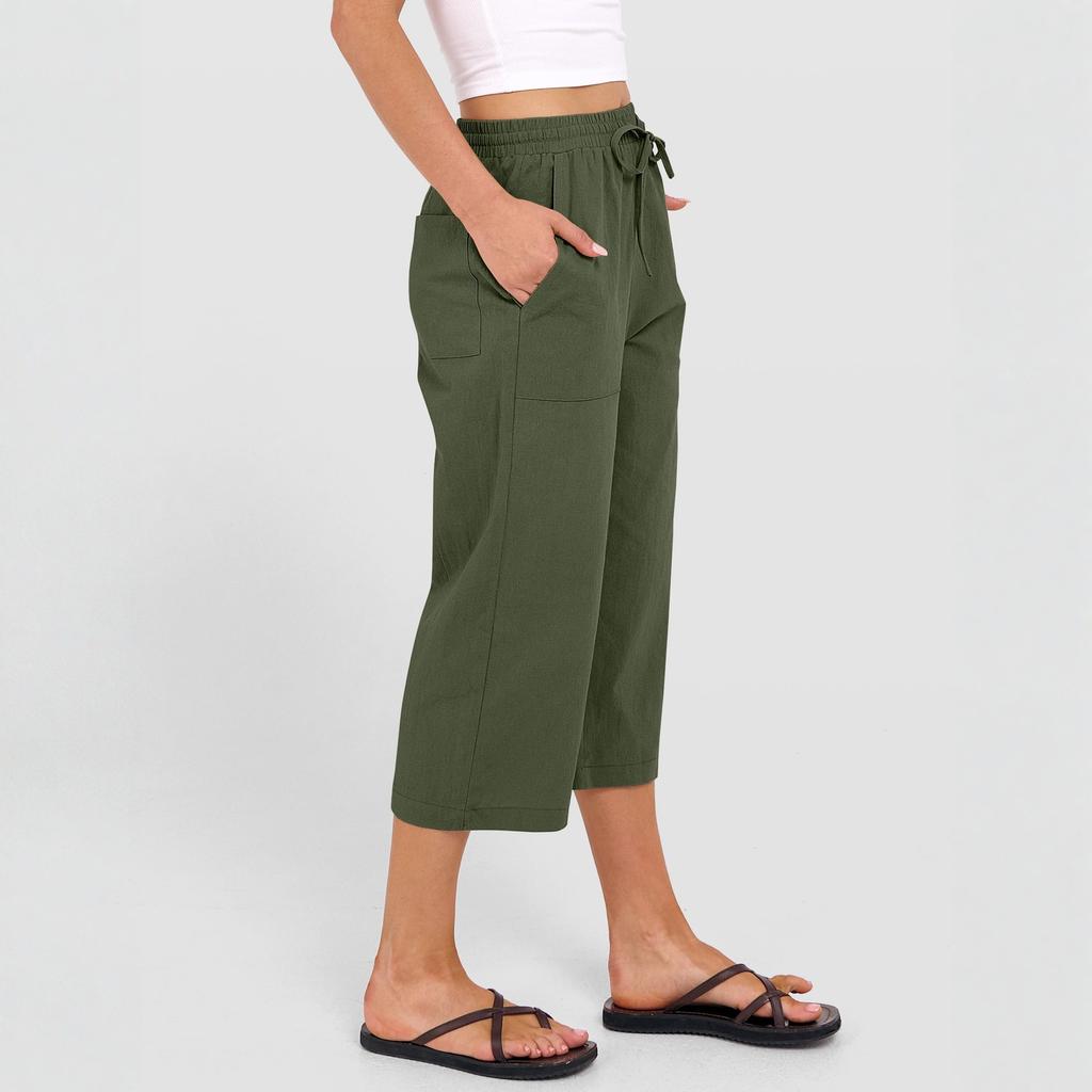 Women’s Cropped Wide Leg Pants with Elastic Waist Drawstring and Patch Pockets Casual Loose Fit Capris Trousers
