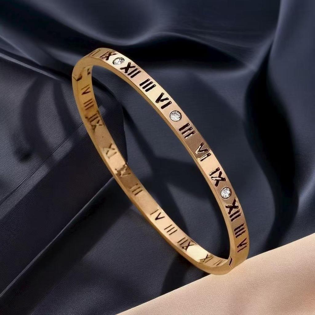 Roman Numeral Titanium Steel Luxury Bracelet with Gold-Plated Buckle for Women - Japanese Korean Design