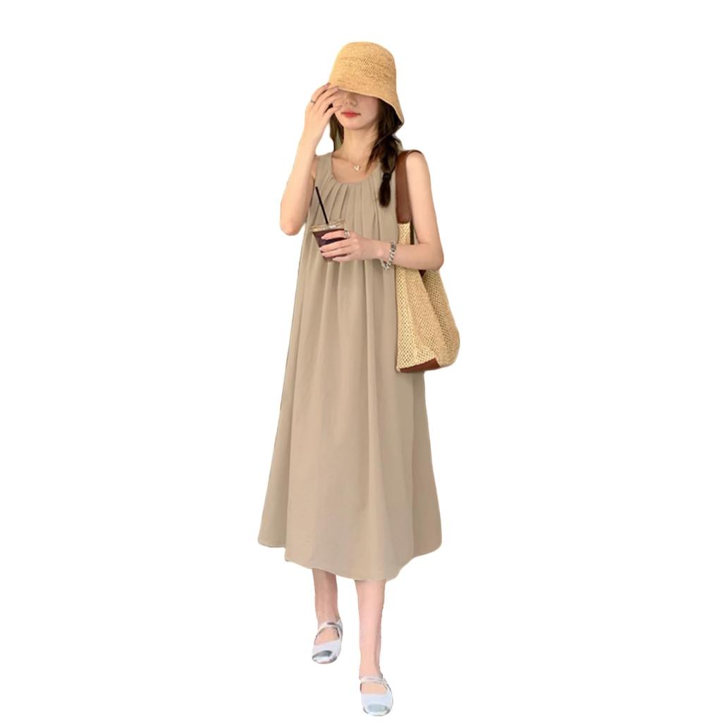 Long Resort Popular Summer Sleeveless Loose Solid with Casual Mocha [DAY CLOTHDaycloth] Women's Dress, Dress, Cute, Fit, Soft, Stylish, Knee-Length,