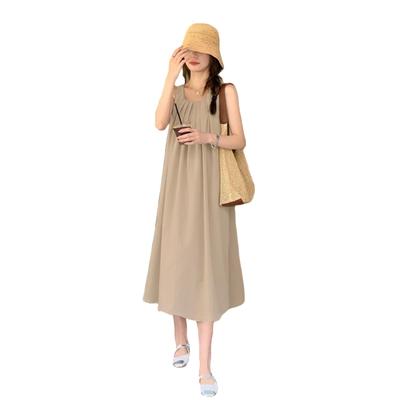 Langes Resort Beliebtes Sommer Ärmelloses Lockeres Einfarbiges mit Lässigem Mokka [TAGESKLEIDDaydress] Damenkleid, Kleid, Niedlich, Passform, Weich, Stilvoll, Knielang,