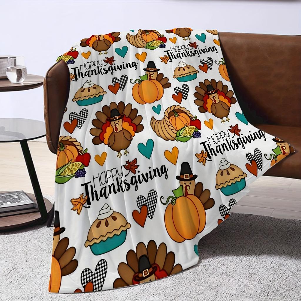 Thanksgiving Delight: Soft Flannel Throw Blanket with Turkey, Pumpkin & Maple Leaf Design - Perfect for Couch, Bed, Office