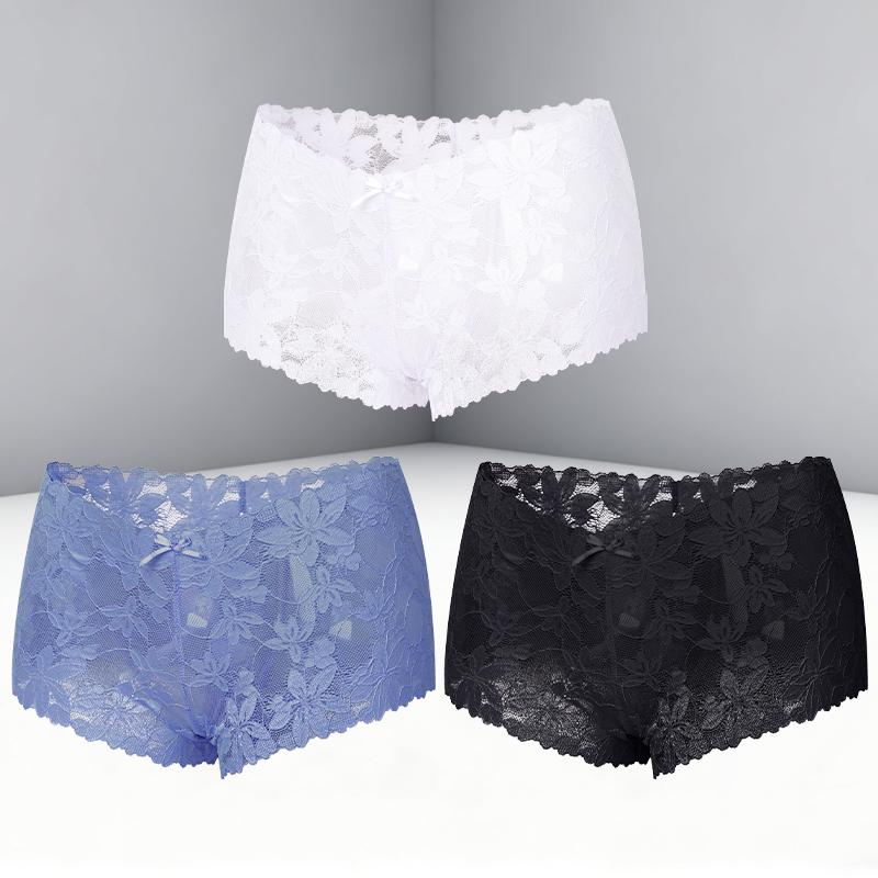 FINETOO 3Pcs Women's Sexy Lace Floral Perspective Boyshorts Solid Color Hollow Out Boxer Panties Female Breathable Transparent Lingerie