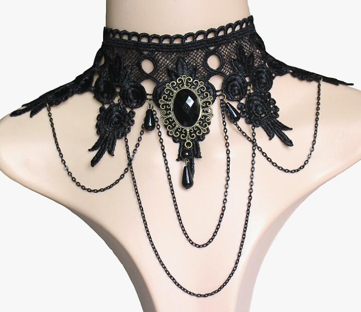 Punk Wide Neck Black Lace Necklace, Banquet Dress Exaggerated Fringe Pendant Collarbone Chain Women