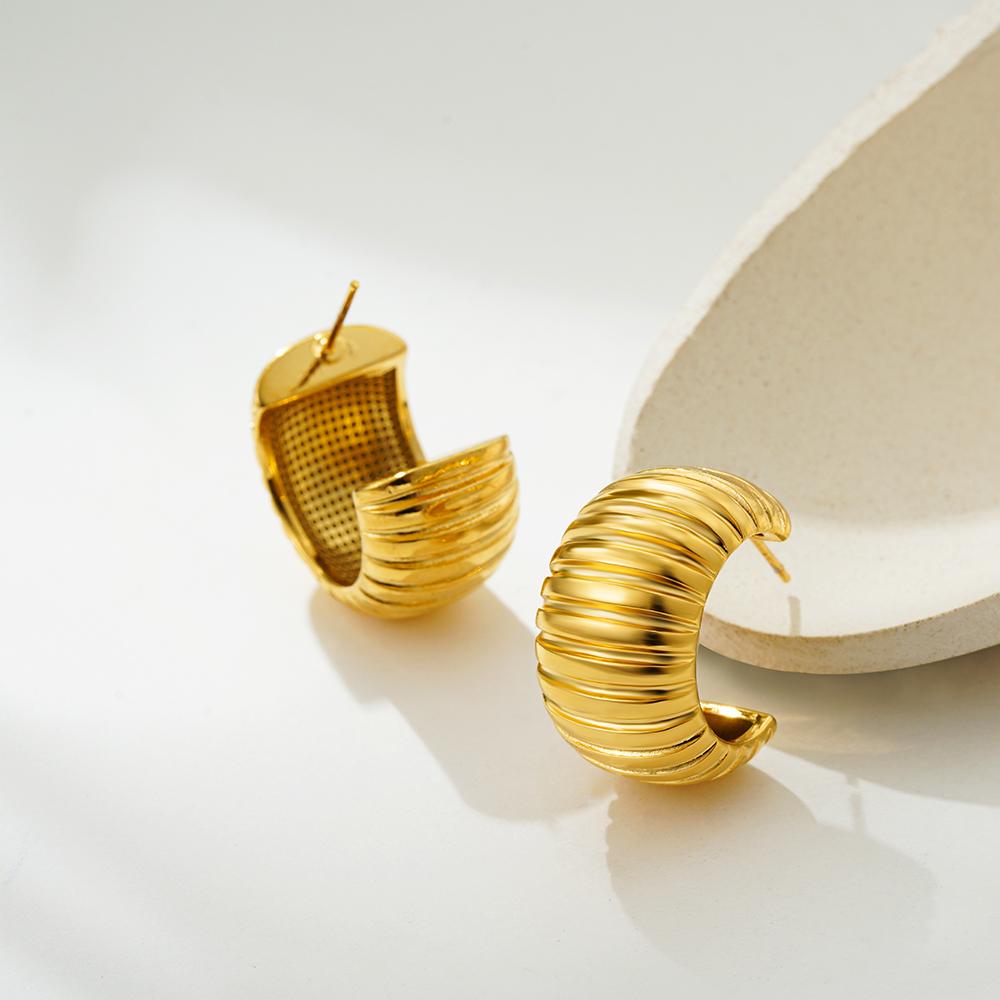 Vintage Texture Round Chunky Ribbed Hoop Earrings for Women Gold Plated C-Shape Stainless Steel Earring Vintage Zircon Bijoux