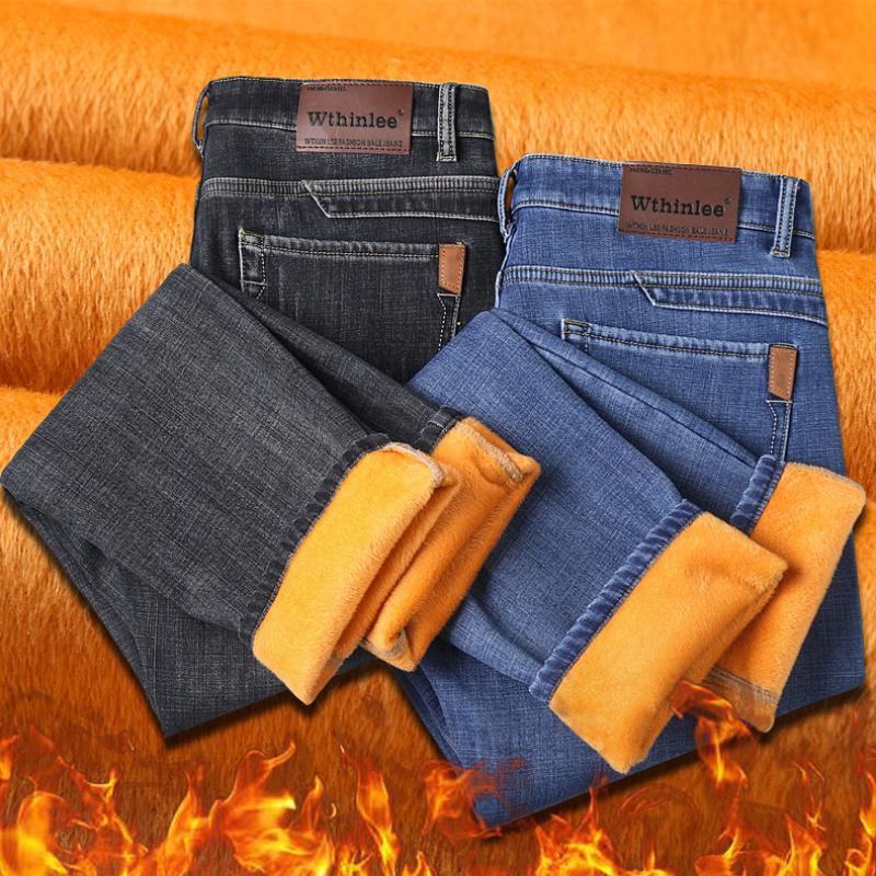 Nové pánské zateplené a zesílené teplé džíny na podzim a zimu elastické Slim rovné univerzální džínové kalhoty