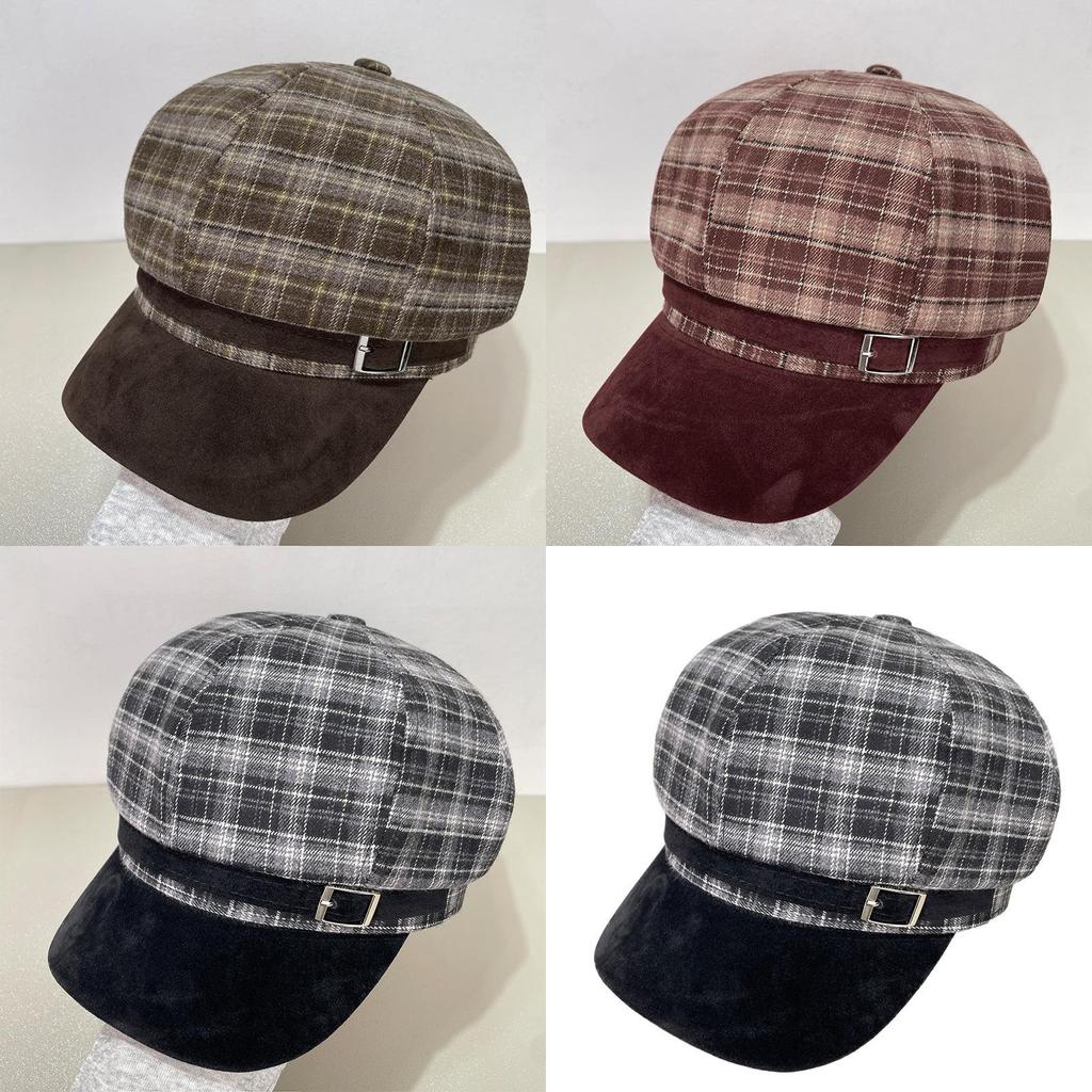 Vintage Brown Plaid Octagonal Hat For Women Winter Warm Fashion Cap