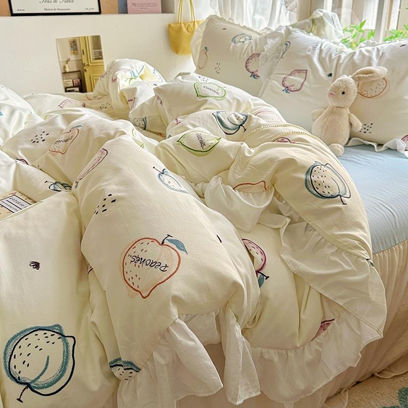 Small Fresh Pure Cotton Four-piece Set Lace Korean Version Princess Style Washed Cotton Bed Skirt Quilt Cover Cream Style Bedding