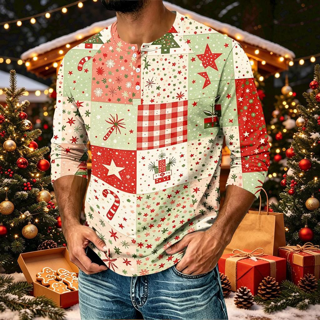 Men's Casual Shirt with Three-Quarter Raglan Sleeves Christmas Print